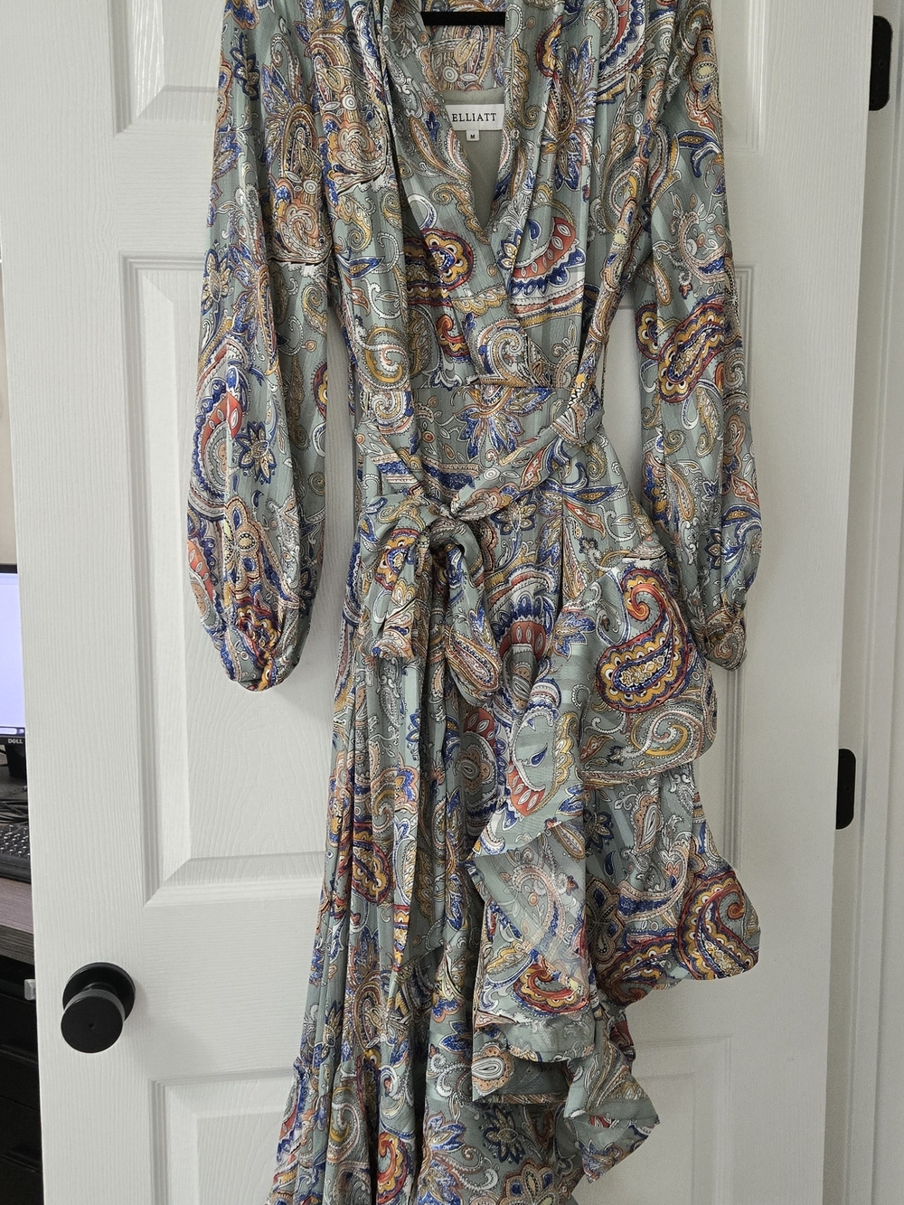 Elliatt Sage Multicolor Paisley Asymmetrical Wrap Dress